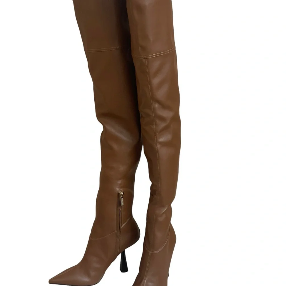 JIMMY CHOO Bryson 100 Tan Stretch Bonded Fabric Over-The-Knee‎ Boots Tan SZ 35.5